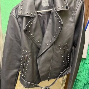 Primark Black Studded Faux Leather Biker Jacket with Belt size medium